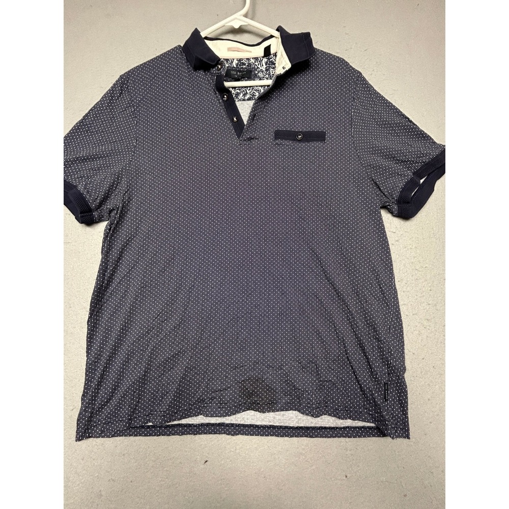 Ted Baker Outback Polo Shirt 100% Cotton Navy Blue Geo Print Size 5 XL Mens